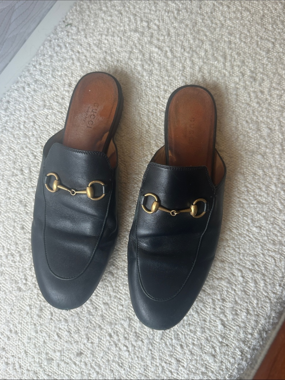 Gucci Black Leather Gold Horsebit Backless Loafers